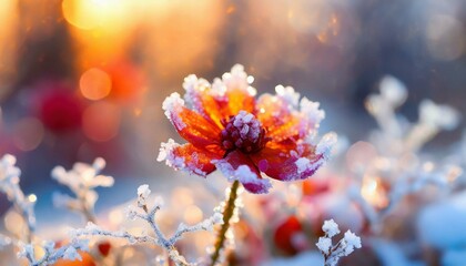 Winter landscape. Frozen flower - selective focus. Winter scene.	
