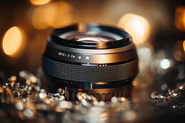 Camera lens on the background of bokeh lights. Shallow depth of field. luxury camera lens close up shot with blur background. shutter.