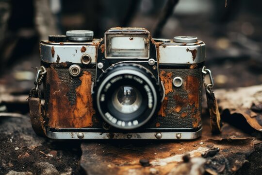 Old photo camera on the background of the ruins of an abandoned house. Antique Old Fashion Film Camera. Nostalgia With A Classic Camera.