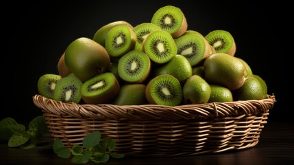  a basket filled with green kiwis sitting on top of a wooden table next to a leafy green plant.