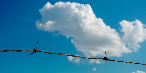 barbed wire against the background of a clear blue sky with clouds. for fencing borders of countries, buildings, prisons, military bases, airports or to prevent the passage of people.