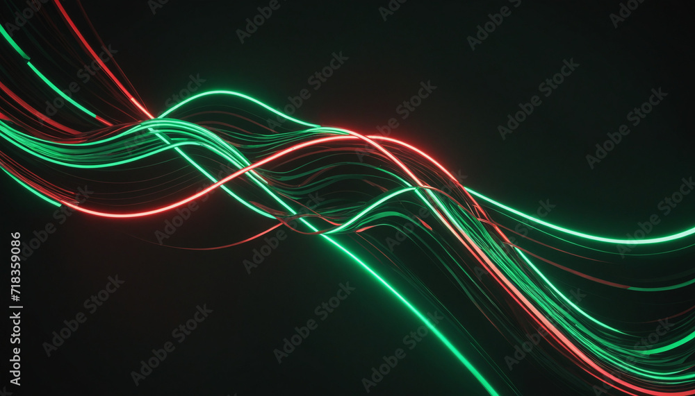 Poster neon glowing wavy lines abstract background with green and red colors in 3d render. futuristic wallp