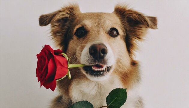 The dog is holding a red rose in her mouth as a gift for Valentine's Day on a white background 