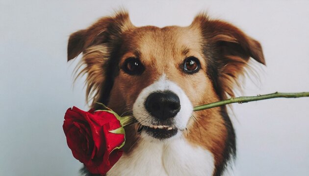 The dog is holding a red rose in her mouth as a gift for Valentine's Day on a white background	
