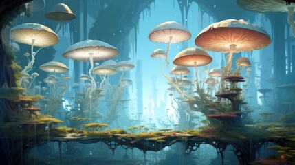  a painting of a group of mushrooms in a forest with moss growing on the ground and on the ground, all of which are floating in the air.
