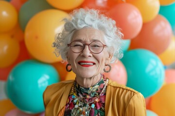 Fototapeta na wymiar Stylish senior lady in glasses and elegant attire, beaming amid vibrant balloons at a nerdy party.generative ai