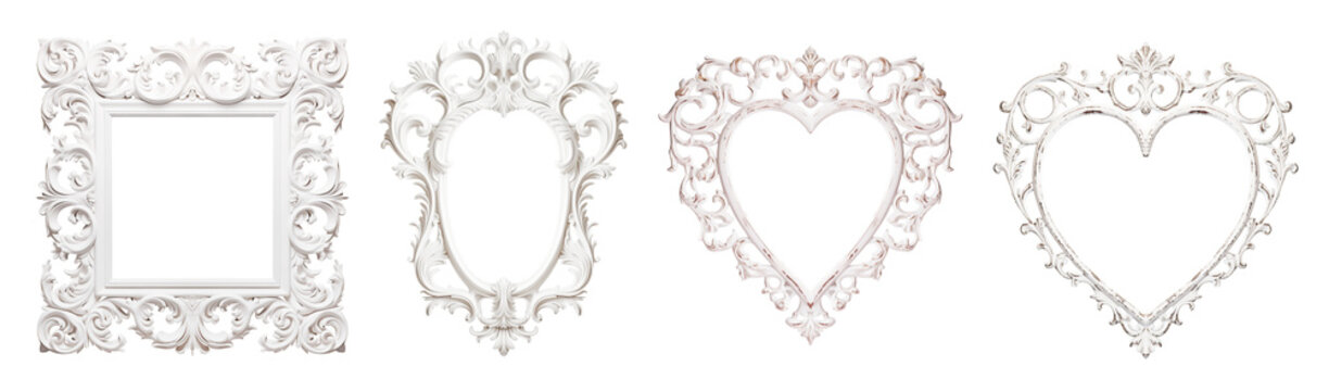 Set of white wooden frames on transparent background. Heart shaped frame, photo frame. Decorative elegant luxury design, frame set, collection, rococo style, png