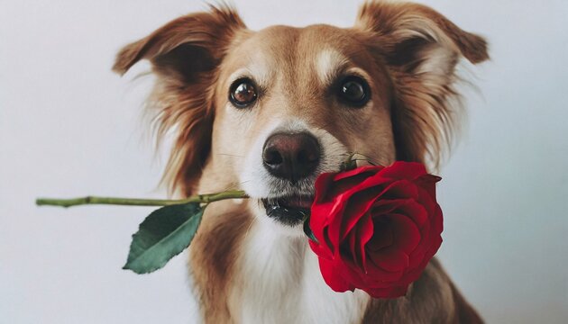 The dog is holding a red rose in her mouth as a gift for Valentine's Day on a white background