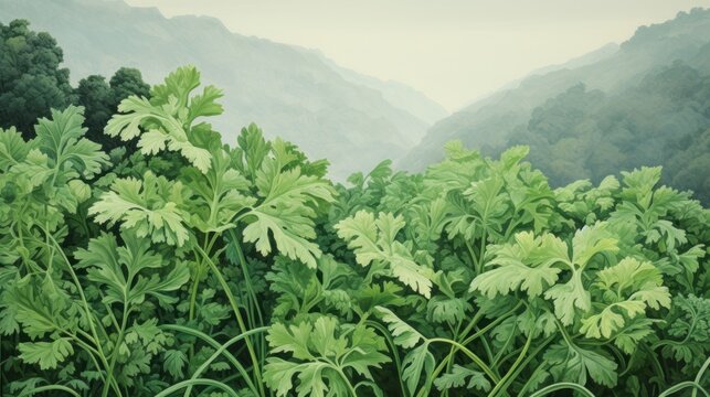  a painting of a forest filled with lots of green plants and mountains in the distance with fog in the sky.