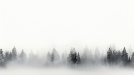 Obraz na płótnie Canvas a black and white photo of a foggy forest with trees in the foreground and a white sky in the background.