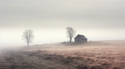  a foggy field with a small house on top of a hill with two trees on the other side of the field.