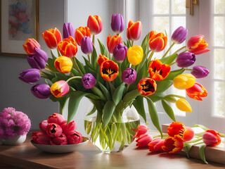 Blooms of Elegance: Artwork Showcasing Vibrant Flowers and Bouquets, Primarily Tulips, Symbolizing the Beauty of Spring and Often Exchanged as Gifts on International Women's Day. generative AI