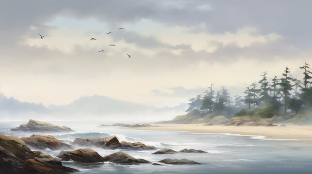  a painting of birds flying over a body of water next to a rocky shore with pine trees on a cloudy day.