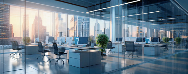 An urban office workspace with large windows and open concept  - obrazy, fototapety, plakaty