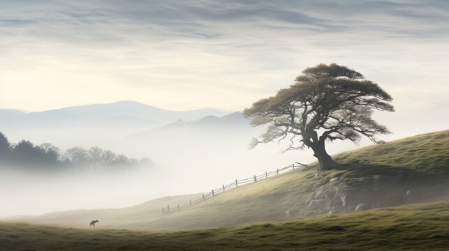  a lone tree on a foggy hillside with a fence in the foreground and a distant mountain range in the distance.