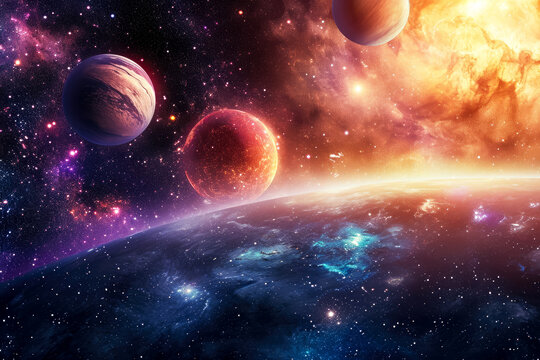 cosmic and otherworldly background with planets and galaxies.