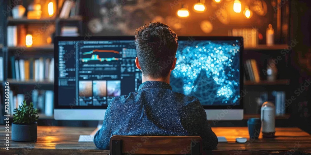 Aufkleber Visionary Programmer Engages with Advanced Data Analysis and Cybernetic Patterns in a High-Tech Workspace Illuminated by the Soft Glow of Multiple Screens, Generative AI