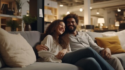 Funny photograph of a smiling or laughing couple relaxing on a couch on display in a furniture store, testing the sofa they forgot they are not at home, customers enjoying this shopping experience - obrazy, fototapety, plakaty