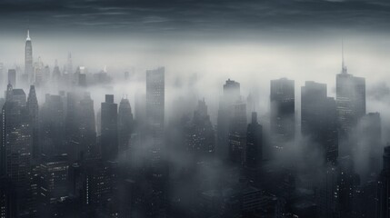  a black and white photo of a city with skyscrapers in the distance with fog in the air and dark clouds in the foreground.