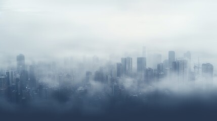  a foggy cityscape with skyscrapers in the foreground and a blue sky in the back ground.