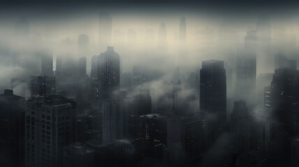  a foggy cityscape with skyscrapers in the foreground and a bird's eye view of the city.