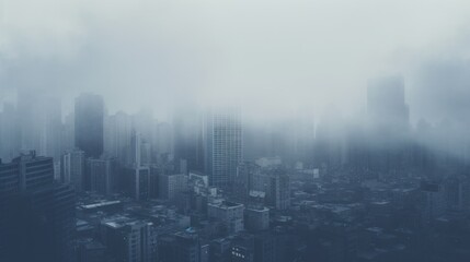  a foggy cityscape with tall buildings in the foreground and skyscrapers in the far distance in the foreground.