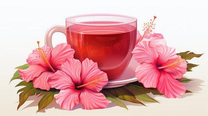Fototapeta na wymiar a painting of a cup of tea with pink flowers on a saucer and saucer on a white background.
