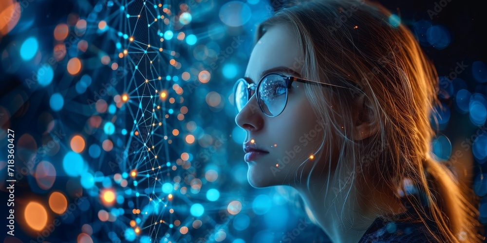Fototapete Visionary Programmer Engages with Advanced Data Analysis and Cybernetic Patterns in a High-Tech Workspace Illuminated by the Soft Glow of Multiple Screens, Generative AI