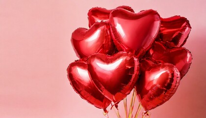 Set of Air Balloons. Bunch of red color heart shaped foil balloons isolated on pink background. Love. copy space	
