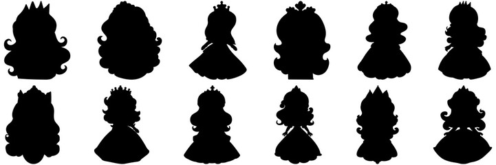 Princess girl silhouettes set, large pack of vector silhouette design, isolated white background.