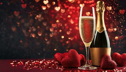 Champagne with red bokeh effect and hearts on dark red background for valentines day	
