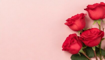 Banner with red rose flower texture. Pink background with copyspace. 