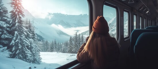 Beauty woman traveler looks out from window train view beautiful winter mountains landscape.