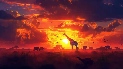 Foto auf Acrylglas Backstein Silhouette of elephants and giraffes with sunset. Element of design.