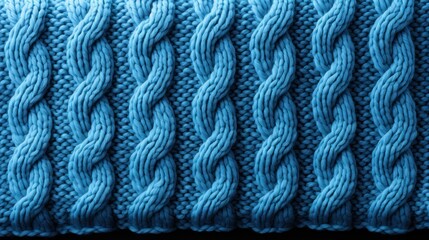  a close up of a blue knitted blanket with braiding on the edges of the blanket and a black background. - obrazy, fototapety, plakaty