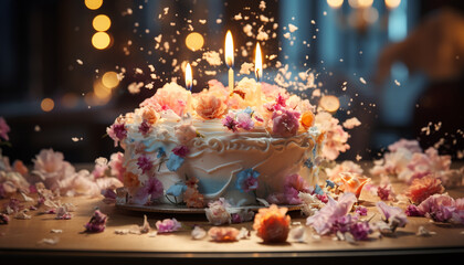 Sweet food celebration gourmet chocolate cake, candle flame, homemade decoration generated by AI