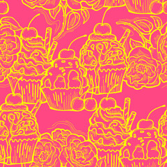 Tasty sweet cupcake dessert decorative seamless pattern for textile design, fabric print, digital or wrapping paper, wallpaper, background and backdrop, bakery shop decoration, cafe, restaurant menu.