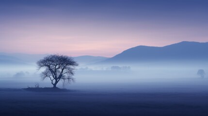 Fototapeta na wymiar a lone tree stands in the middle of a foggy field with a mountain range in the distance in the distance.