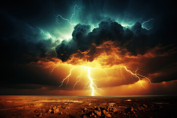 Massive thundercloud looms over a barren landscape, raining down lightning bolts.