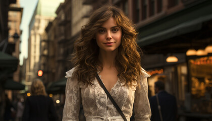 Fototapeta premium Young woman with brown hair walking in the city generated by AI
