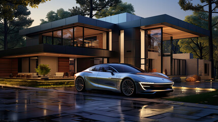 Modern house with a glass facade and a matching sports car parked in front.