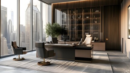  elegant office space with modern furniture, sleek design, and large windows offering a stunning view of the city skyline