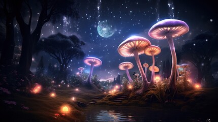  a group of mushrooms sitting on top of a forest under a sky filled with stars and a moon filled sky.