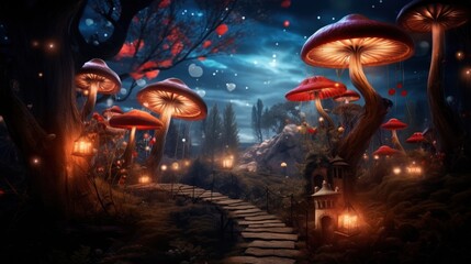  a painting of a path leading through a forest at night with glowing mushrooms on the trees and lights on the ground.