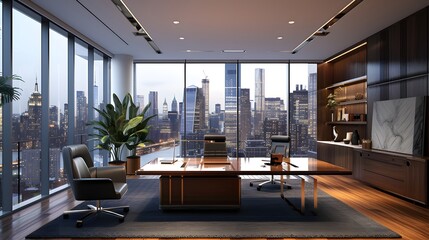modern office interior,  elegant office space with modern furniture, sleek design, and large windows offering a stunning view of the city skyline