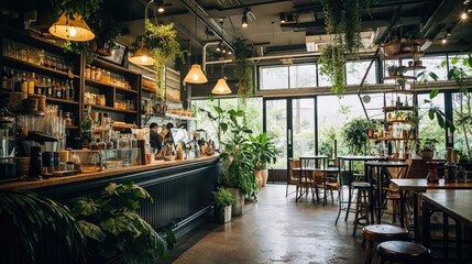 Ecological Café Background. Sustainable Retail Interior.