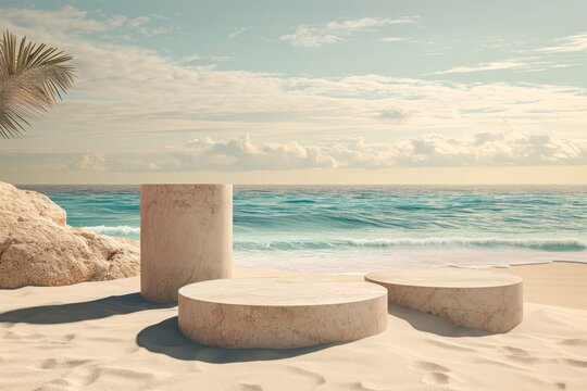 Summer beach setting with a podium on sand, ideal for showcasing products and exhibitions in a 3D render generative ai