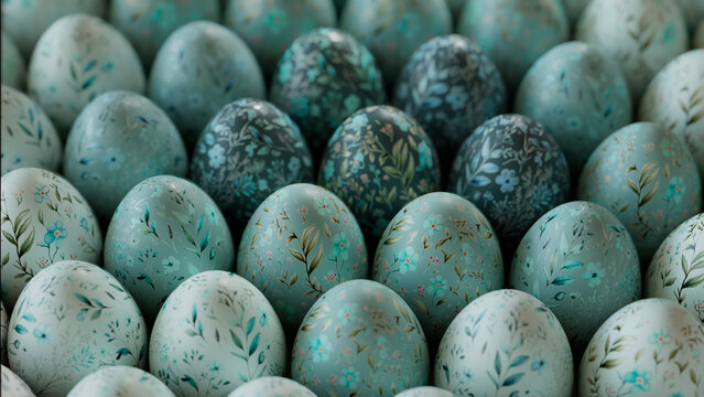 Collection of Neatly arranged Eggs with Floral Patterns. Duck Egg Blue Easter Background.