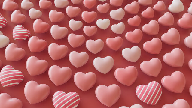 White, Pink and Striped 3D Hearts arranged in the Shape of a Spiral. Contemporary Valentine's Day Background. 3D Render.