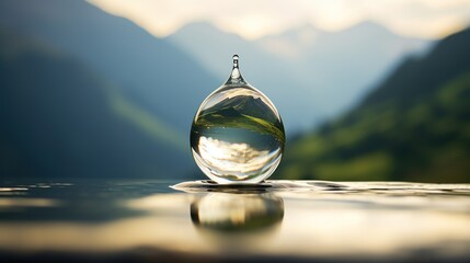  a drop of water sitting on top of a table in the middle of a lake with mountains in the background.